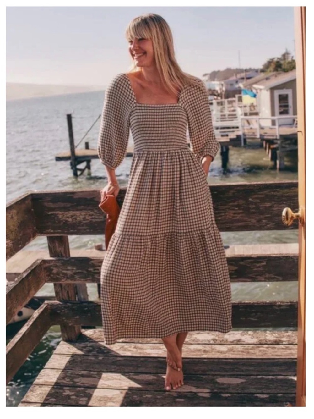 NWT Marine Layer Ivy Smocked midi Dress - brown/black